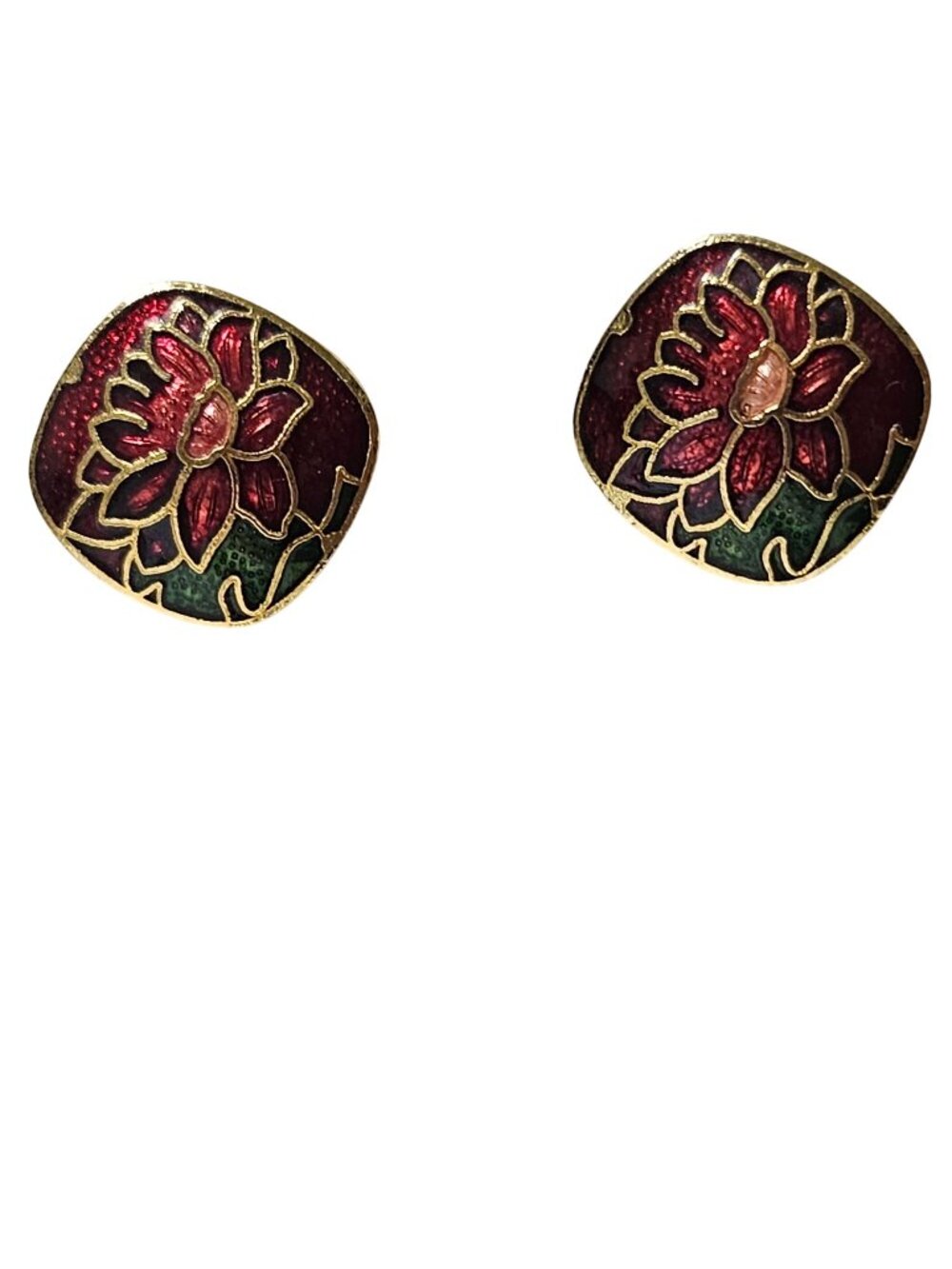 Vintage Floral Cloisonné Post Earrings Gold Tone Enamel Retro Boho Fashion Women